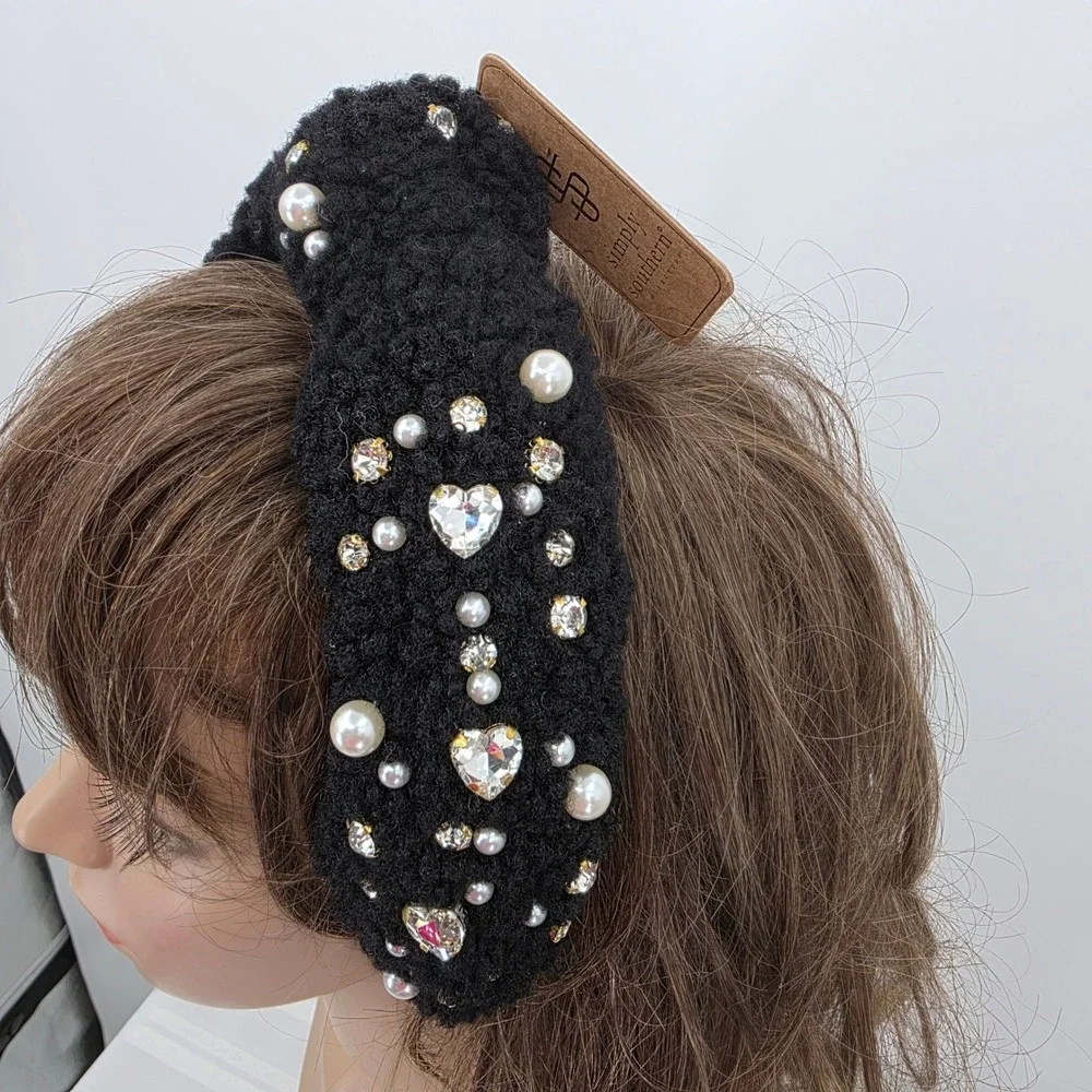 SIMPLY SOUTHERN‎ BlackTeddy Fleece Pearl Rhinestone Embellished Headband NWT